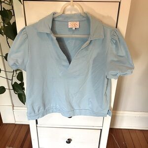 SSYS the Label women’s blue sporty puff sleeve polo-style top boxy medium